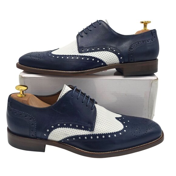 Paul Fredrick Navy Blue White Leather Wingtip Derby Oxfords Mens 8 Dress Shoes - Picture 4 of 10